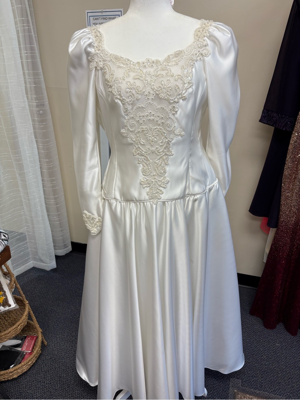 Vintage Ivory Satin wedding Dress w/beading-very minor blemishes see pics